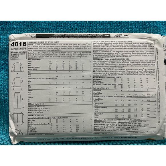 Simplicity 4816 pattern kids knit top pants shorts pillows size 3 4 5 6 7 8 - Picture 3 of 5